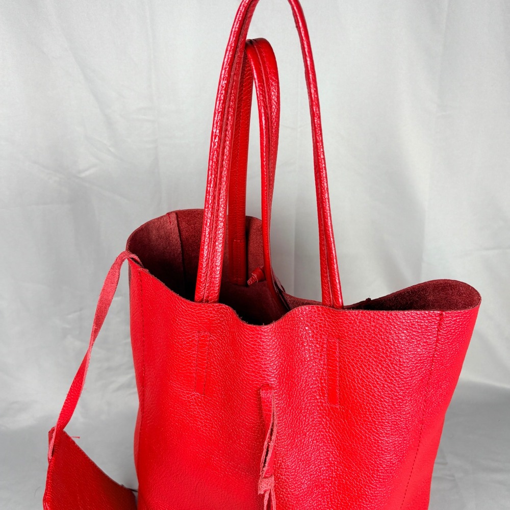 Vera Pelle Red Pebbled Leather Tote Bag Made in Italy Shopper w/  Pouch Boho - Picture 5 of 7